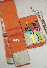 Orange - Fancy Cotton Saree with Village Folk Art Motif embroidery Blouse